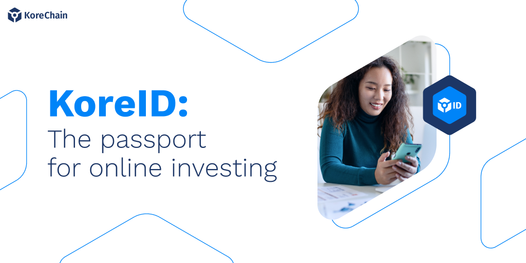 A smiling woman looking at her phone, with graphics promoting KoreID as the passport for online investing.